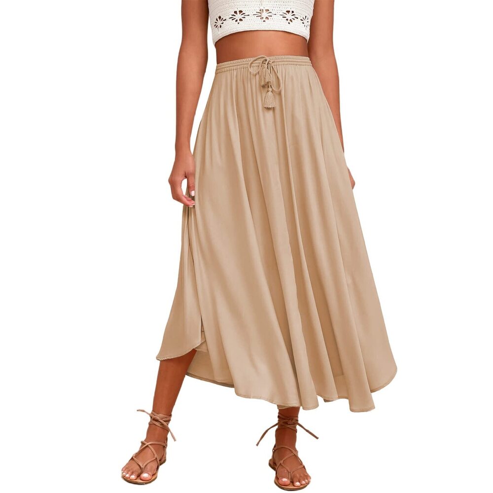 3078 Beach Maxi Skirt Summer Pleated Midi Skirt Long Flowy Skirts Boho